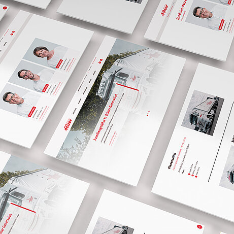 Webseitenlayout der Spedition Dölker mit Bildern von Lkw, Teamprofilen und Kontaktinformationen.