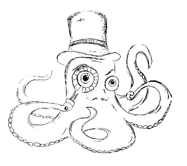 Schwarzweiß-Zeichnung eines Oktopus mit Zylinder und Monokel, im cartoonhaften Gentleman-Stil.