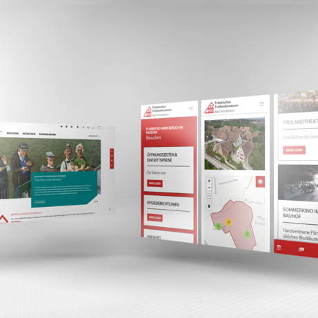 Eine moderne, schwebend dargestellte Website des Fränkischen Freilandmuseums mit Informationen zu Besuch, Lage und Veranstaltungen.