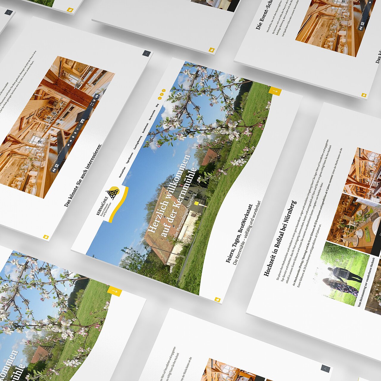 Mehrseitiges Layout mit Fotos und Texten zur Eventlocation „Kernmühle“ in idyllischer Umgebung bei Nürnberg.