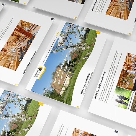 Mehrseitiges Layout mit Fotos und Texten zur Eventlocation „Kernmühle“ in idyllischer Umgebung bei Nürnberg.