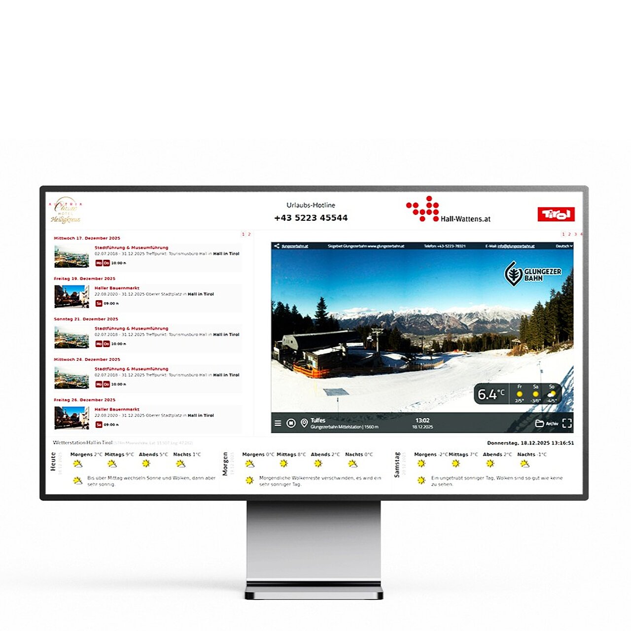Webseite mit Live-Webcam der Glungezerbahn, Wetterdaten und Veranstaltungshinweisen für Hall in Tirol.