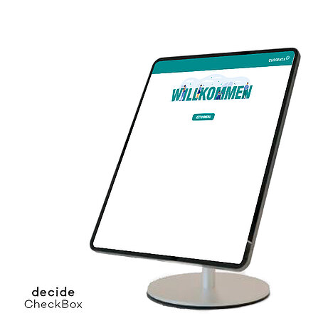 Startbildschirm eines Tablets mit winterlichem „Willkommen“-Design und Startbutton für die Anwendung „Currenta“.