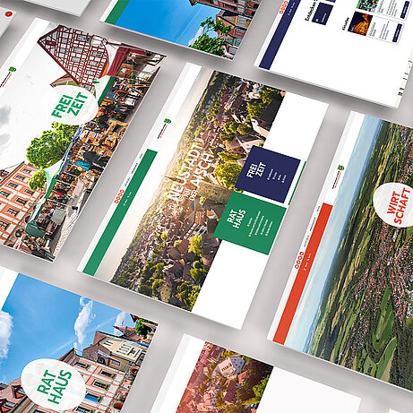 Digitale Entwürfe für die Website von Neustadt an der Aisch mit Themen zu Freizeit, Rathaus und Wirtschaft.