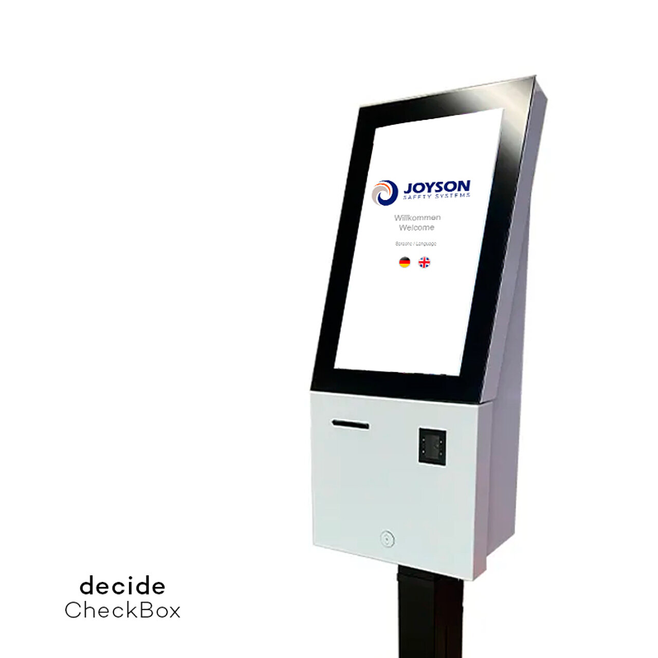 Touchscreen-Terminal von Joyson Safety Systems mit Sprachauswahl Deutsch oder Englisch beim Startbildschirm.