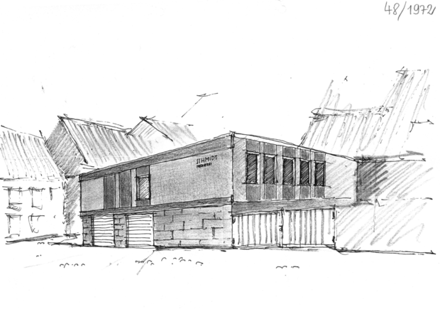 Architektonische Skizze eines modernen Gebäudes „SCHMIDT Metzgerei“ mit Flachdach, großen Fenstern und Garagentoren.