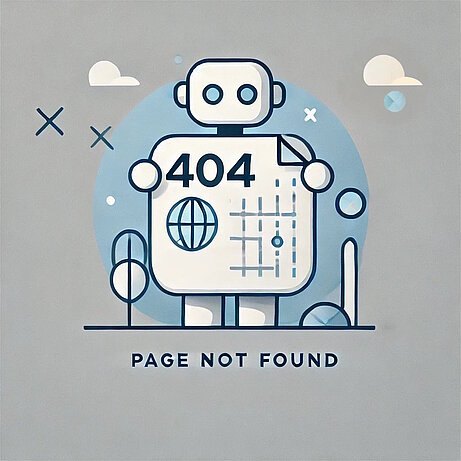 Illustration eines freundlichen Roboters mit der Zahl 404 auf dem Körper und dem Schriftzug „Page not found“.