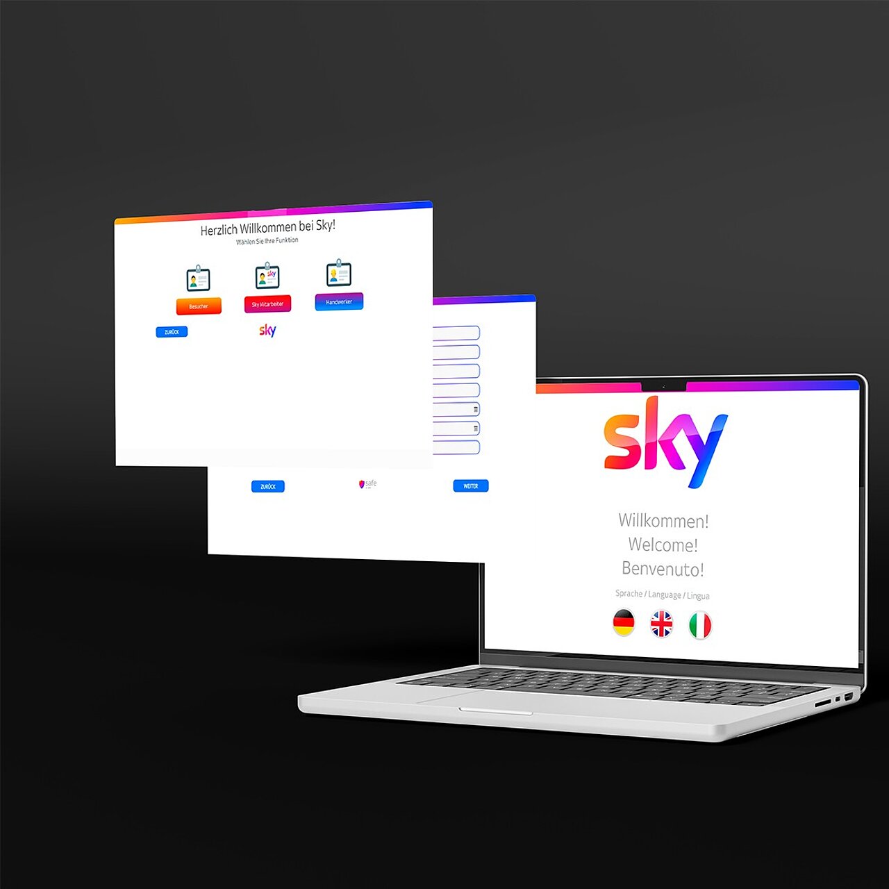 Startbildschirm der Sky-Plattform mit mehrsprachiger Begrüßung und Auswahl für Neukunden, Mitarbeiter oder Vertriebspartner.