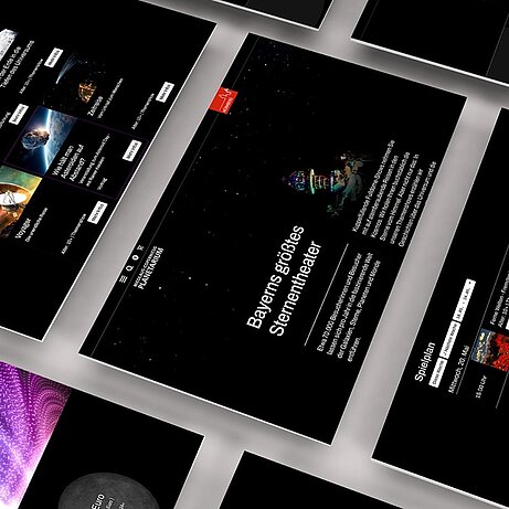 Mehrere Ansichten der Website des Nicolaus-Copernicus-Planetariums Nürnberg mit dem Titel „Bayerns größtes Sternentheater“.