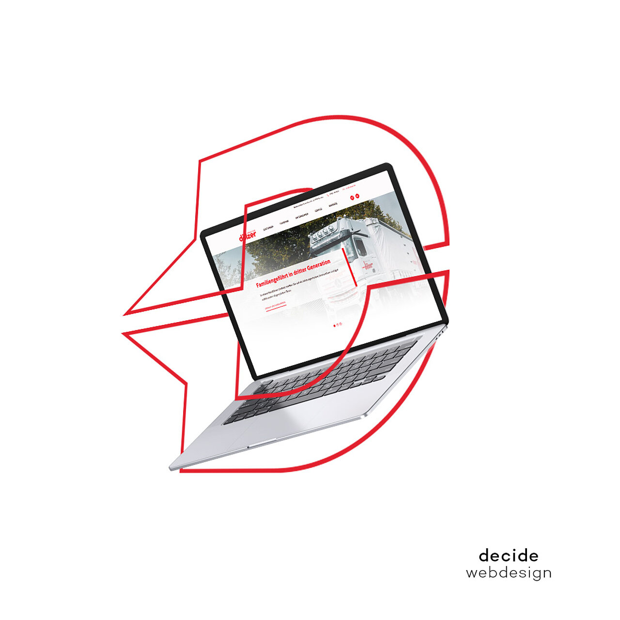 Aufgeklappter Laptop mit einer Website, umrahmt von einer roten Sprechblasen-Kontur, daneben der Schriftzug „decide webdesign“.