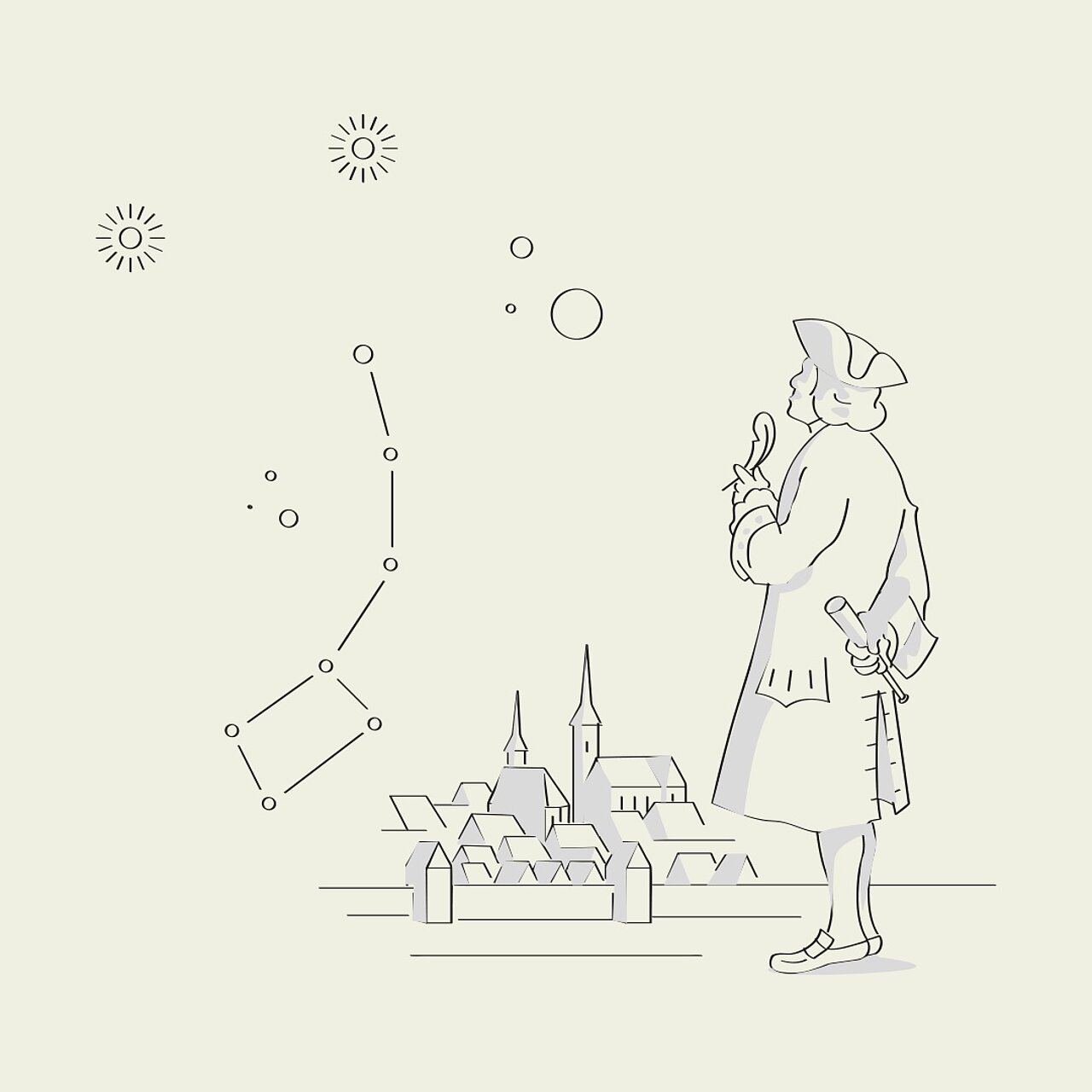 Historische Illustration eines Astronomen mit Teleskop vor nächtlichem Himmel und Sternbild über Stadt.