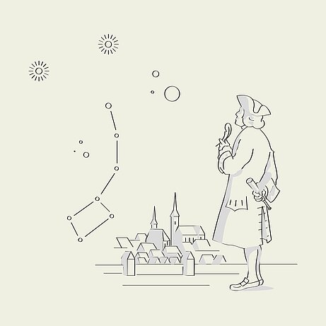 Historische Illustration eines Astronomen mit Teleskop vor nächtlichem Himmel und Sternbild über Stadt.