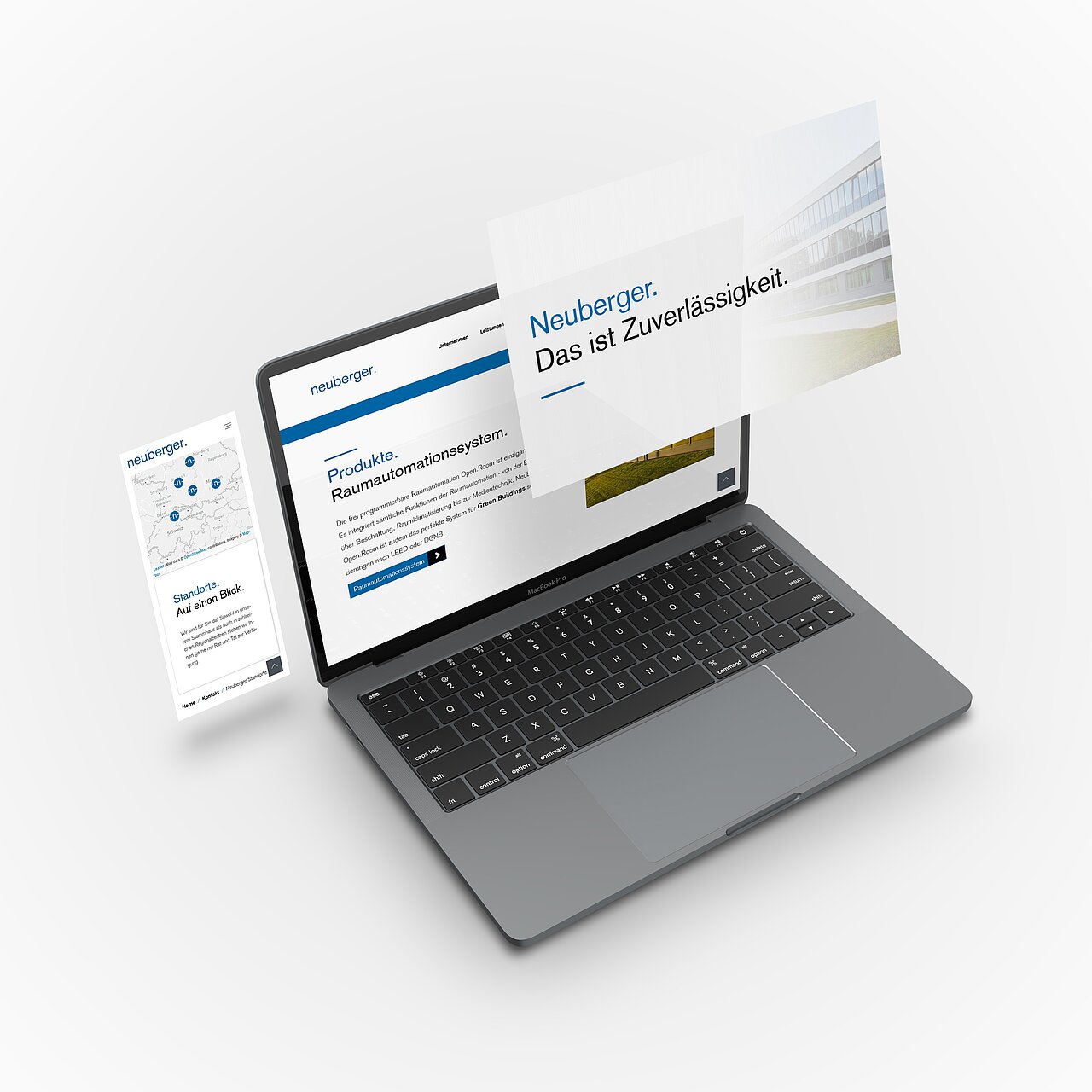 Website der Firma Neuberger mit Fokus auf Raumautomationssysteme und mobilen Standortinformationen.