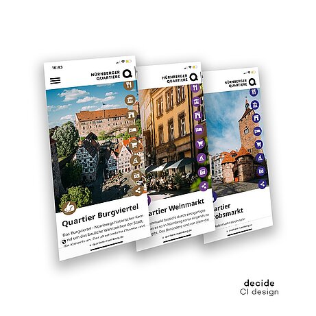 Drei Smartphone-Screens zeigen die App „NÜRNBERGER QUARTIERE“ mit Infos zu Burgviertel, Weinmarkt und Sebalder Altstadt.