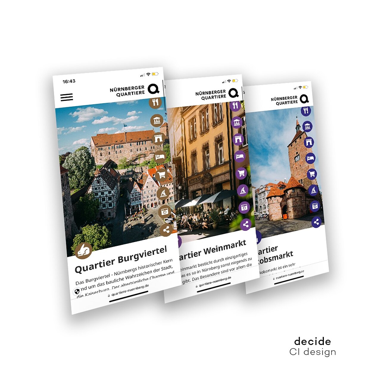 Drei Smartphone-Screens zeigen die App „NÜRNBERGER QUARTIERE“ mit Infos zu Burgviertel, Weinmarkt und Sebalder Altstadt.