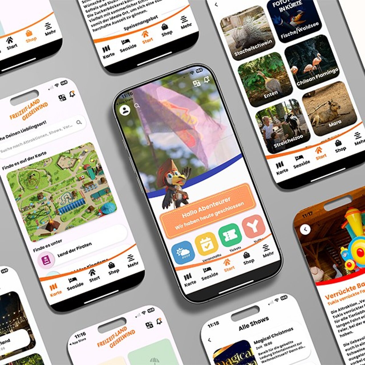 Smartphone-Ansichten der Freizeitland-Geiselwind-App mit Infos zu Shows, Tieren, Attraktionen und Parkkarte.